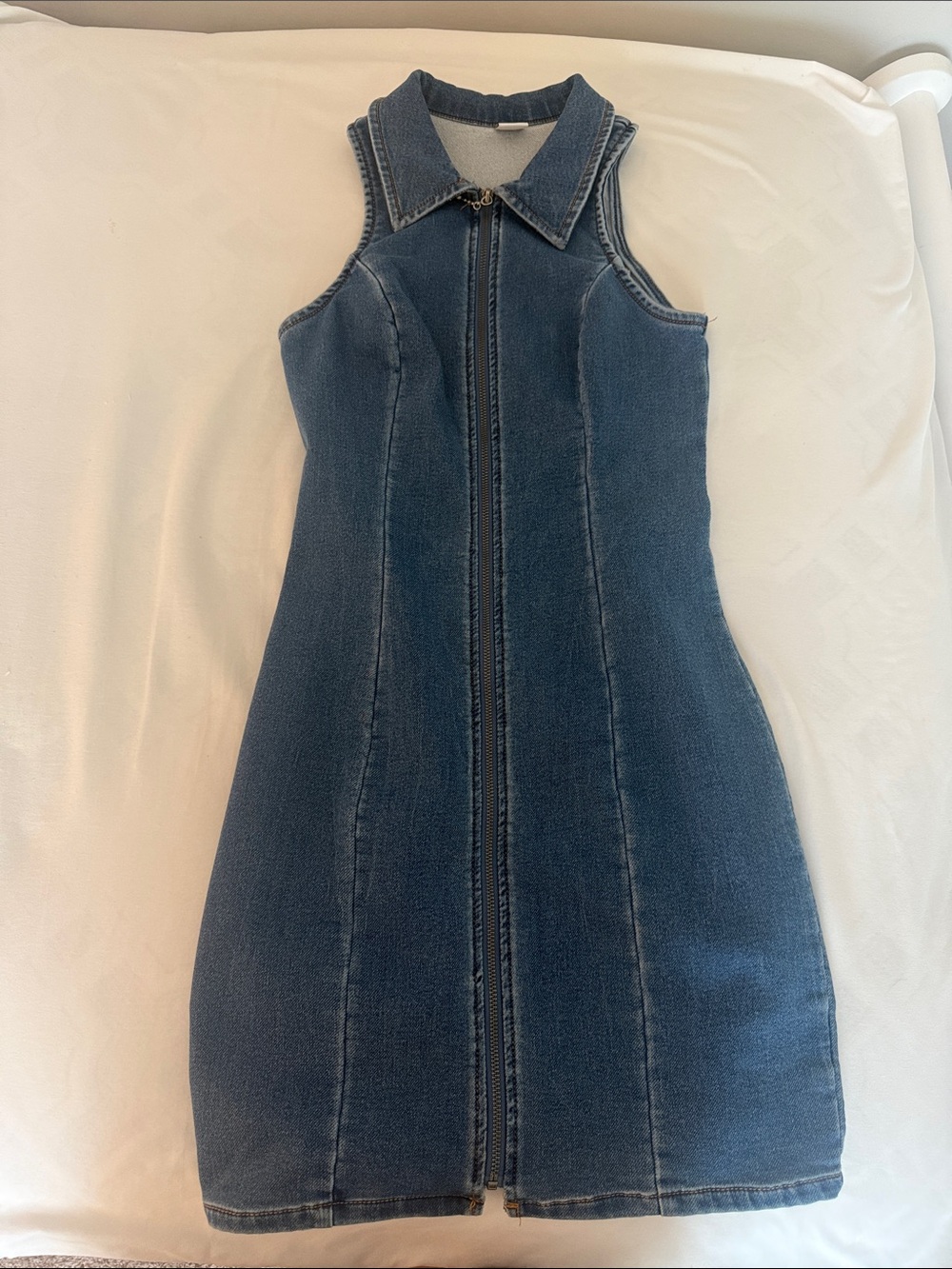 Sleeveless Dark Blue Denim Zip-Front Mini Dress
